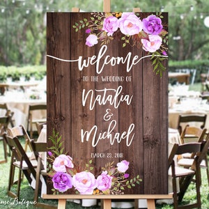 Welcome Wedding Sign, Rustic Welcome Wedding Sign, Welcome To Our Wedding Sign, Purple Flowers, Printable Sign, Digital File, W94 image 1