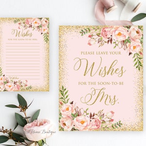Blush en goud bordje en kaarten voor vrijgezellenfeestwensen, laat je wensen achter voor de aanstaande mevrouw, wenskaarten, wensen voor de bruid W547