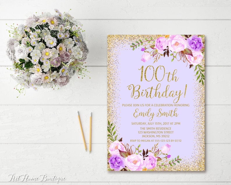 100th Birthday Invitation, Any Age Women Birthday Invitation, Lavender Gold Women Birthday Invitation, Boho Birthday Invite, BW25-100 image 1