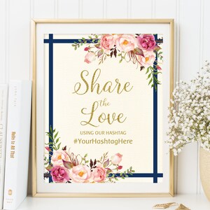 Panneau hashtag Share The Love, panneau de mariage Share The Love, panneau Instagram de mariage, ivoire et bleu marine, W121