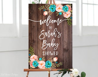 Rustic Baby Shower Welcome Sign, Teal Coral Baby Shower Welcome Sign, Large Welcome Sign, Rustic  Welcome Sign, BS236