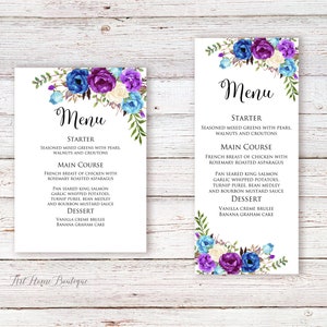 Blau Lila Menükarte, Geburtstagsmenü bedruckbar, Lila Blaue Menükarten, Hochzeitsmenü Blau, W1060
