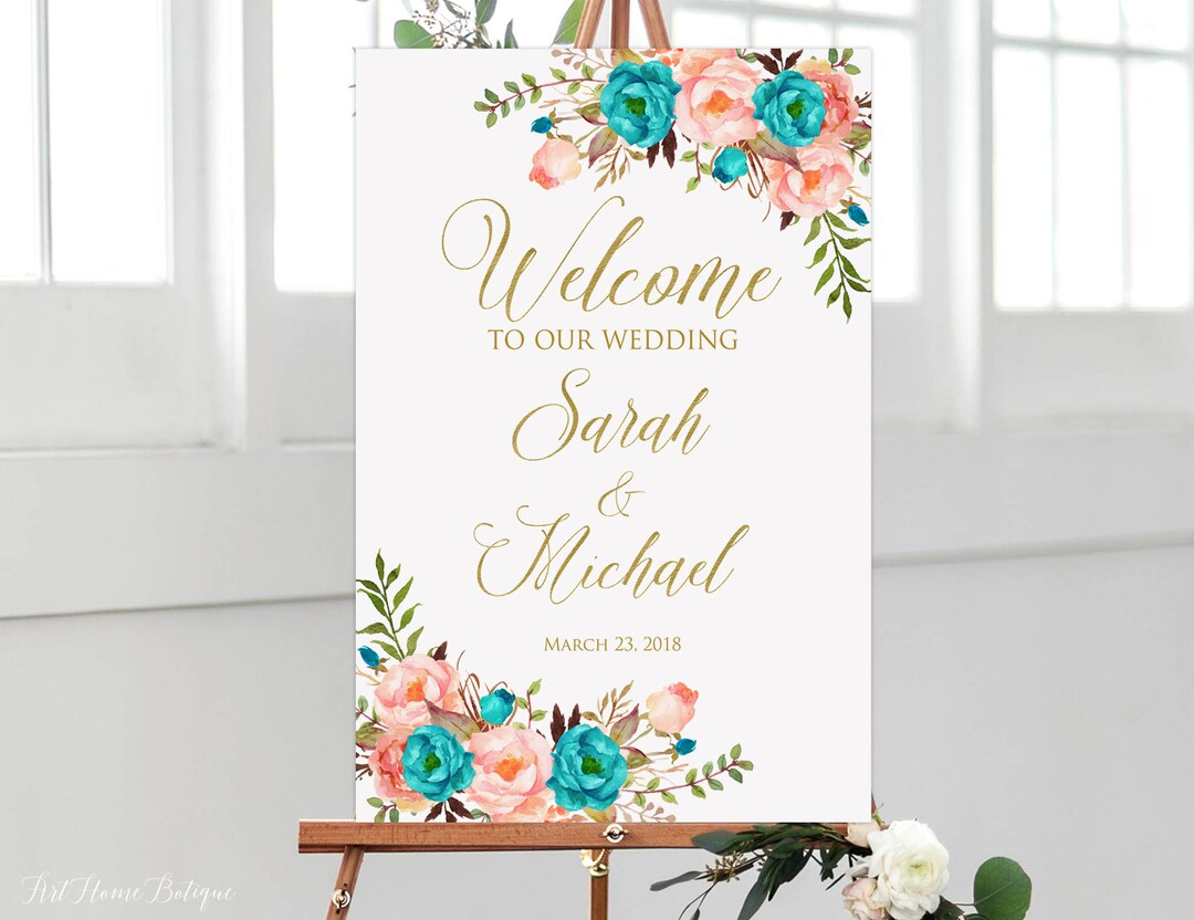 Welcome Wedding Sign, Teal and Coral Wedding Welcome Sign, Welcome to ...