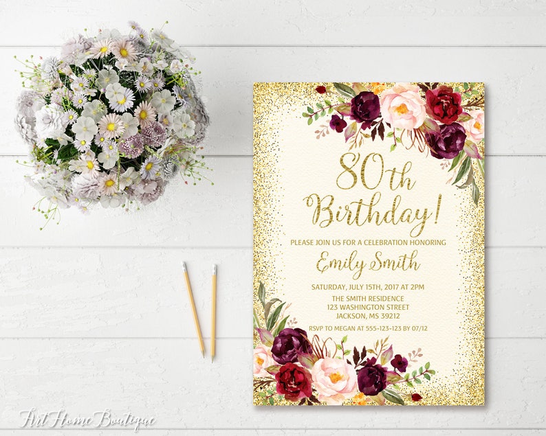 80th Birthday Invitation, Any Age Women Birthday Invitation, Floral Ivory and Gold Women Birthday Invitation, Boho Birthday Invite, BW39-80 image 1