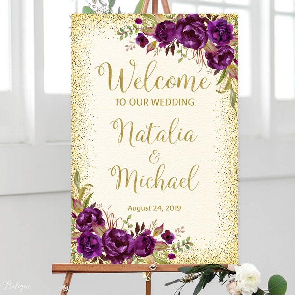 Eggplant Wedding Welcome Sign, Ivory Welcome To Our Wedding Sign, Welcome Wedding Sign, Purple Welcome Sign, Plum Wedding, W462