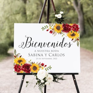 Sunflowers and Red Roses Bienvenidos a Nuestra Boda Sign, Sunflower Wedding Welcome Sign, Fall Wedding Sign, Spanish, Digital file, W1139-3