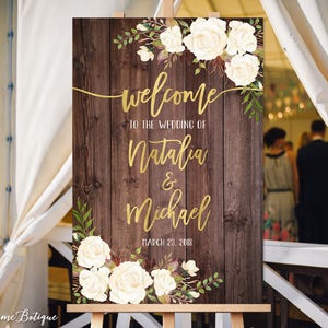 Welcome Wedding Sign, Rustic Welcome Wedding Sign, Welcome To Our Wedding Sign,  Gold White Flowers, Printable Sign, Digital File W176