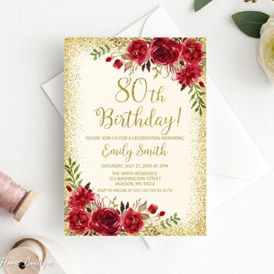 80th Birthday Invitation, Any Age Birthday Invitation, Ivory and Red Birthday Invite, Boho Birthday Invite, Red and Gold Birthday, BW355