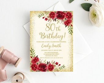 80th Birthday Invitation, Any Age Birthday Invitation, Ivory and Red Birthday Invite, Boho Birthday Invite, Red and Gold Birthday, BW355
