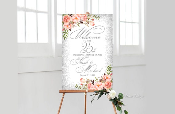 Printed or Digital Coral and Silver 25th Anniversary Welcome Sign