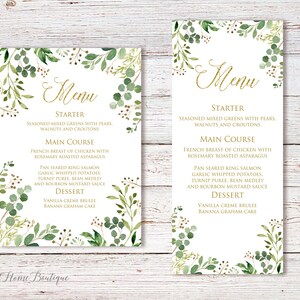 Tarjeta de menú verde, menú de cumpleaños imprimible, menú de boda, W426