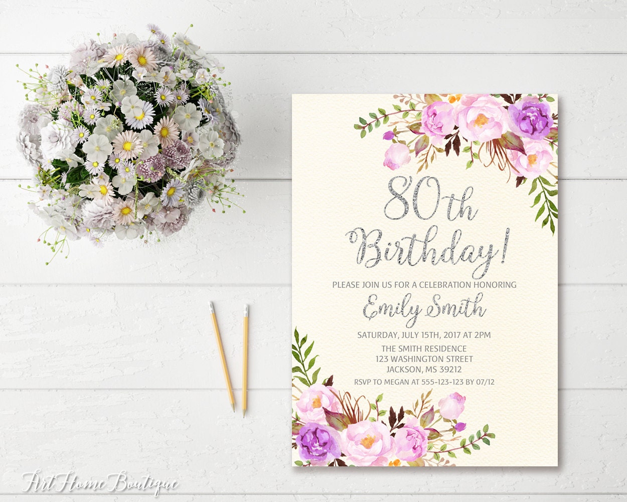 80th Birthday Invitation, Any Age Women Birthday Invitation, Floral Ivory and Silver Birthday Invitation, Boho Birthday Invite, BW27-80 - Etsy 80th-birthday-invitation-any-age-women-birthday-invitation-floral-ivory-and-silver-birthday-invitation-boho-birthday-invite-bw27-80-etsy