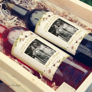 Anniversary Wine Labels, Photo Wine Bottle Labels, Ivory and Gold Wine Labels, Cheers to Love & Happiness, 50 Years, Digital File, W704-2