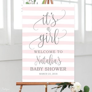 It&#39;s a Girl Welcome Sign, Striped Baby Shower Welcome Sign, Pink and Gray Welcome Baby Shower Sign, Digital file, BS037