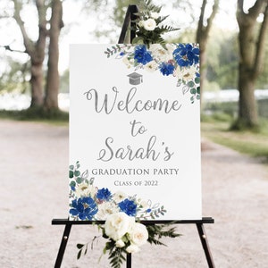 Blue Silver Graduation Party Welcome Sign, Blue Graduation Welcome Sign, Large Welcome Sign, Blue Grad Party Sign, Digital File, W1410-2