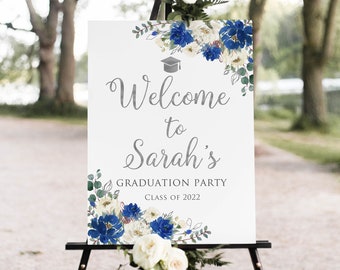 Blue Silver Graduation Party Welcome Sign, Blue Graduation Welcome Sign, Large Welcome Sign, Blue Grad Party Sign, Digital File, W1410-2