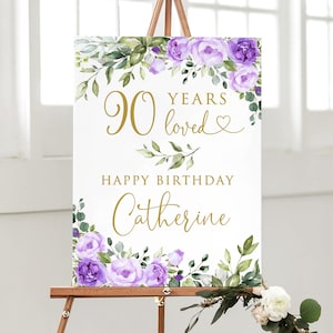 Purple 90th Birthday Welcome Sign for Women, 90 Years Loved, Floral Birthday Decor, Digital File, WP55-1
