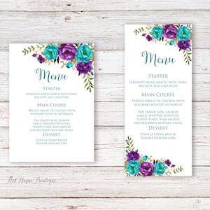 Teal and Purple Menu Card, Birthday Menu Printable, Purple Teal Menu Cards, Teal Wedding Menu, W1234