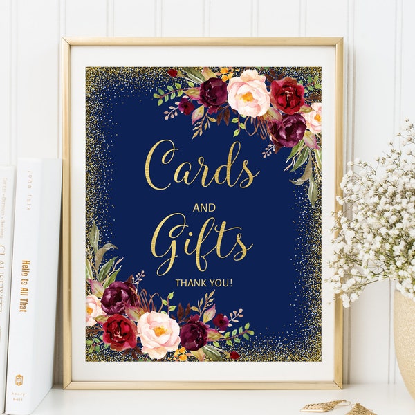 Navy Cards and Gifts Sign, Gift Table Sign, Floral Printable Sign, Gold Wedding Cards and Gifts Sign, Boho Cards and Gifts Sign, W122