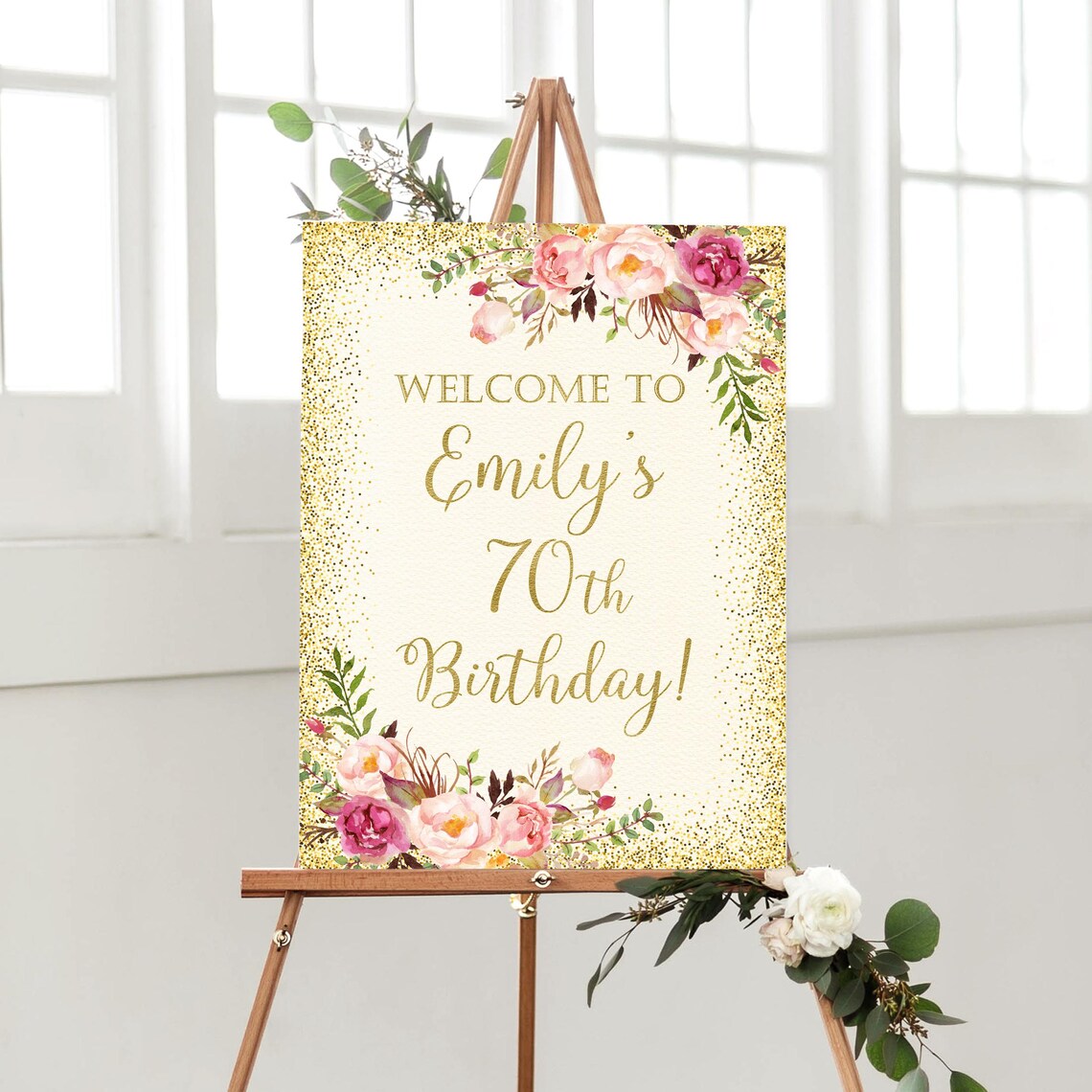 Printed or Digital Pink and Gold Floral 70th Birthday Welcome Sign ...