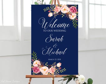 Welcome Wedding Sign, Welcome To Our Wedding Sign, Navy Welcome Wedding Sign, Blue Floral Welcome Wedding Sign, Large Welcome Sign, W220