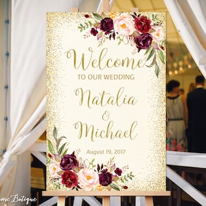 Welcome Wedding Sign, Welcome To Our Wedding Sign, Ivory Welcome Wedding Sign, Large Welcome Sign, Cream, Burgundy, Marsala, W39