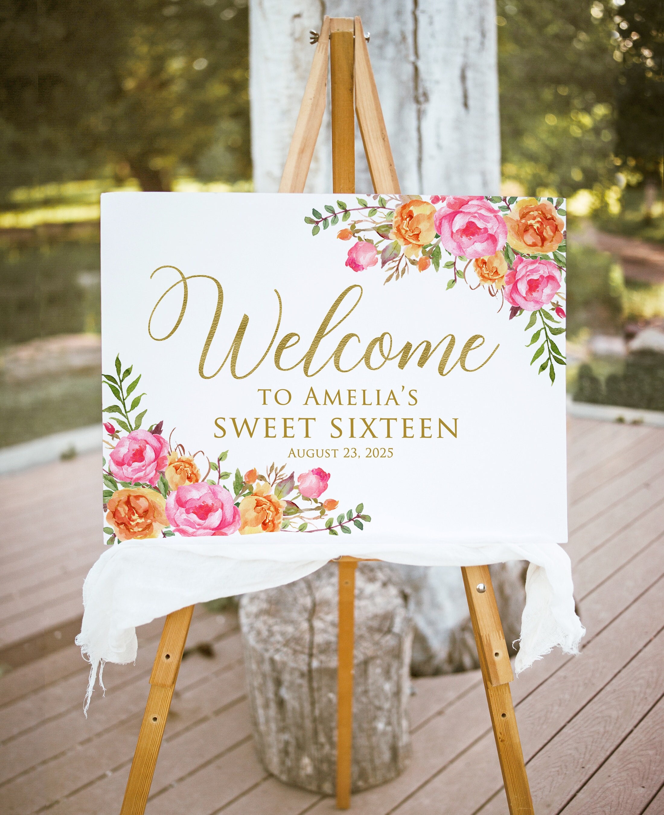Hot Pink Orange Sweet Sixteen Welcome Sign, Hot Pink Birthday