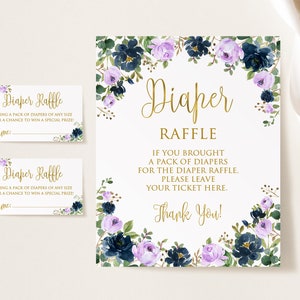 Navy Lavender Baby Shower Diaper Raffle Tickets, Purple Blue Baby Shower, Floral Baby Shower, Instant Download, Digital File, W910