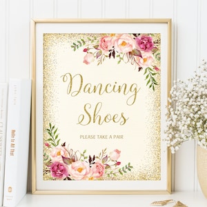 Dancing Shoes Sign, Dancing Feet Sign, Wedding Dance Floor Sign, Floral Printable Sign, Ivory, Gold, Blush Pink, W23