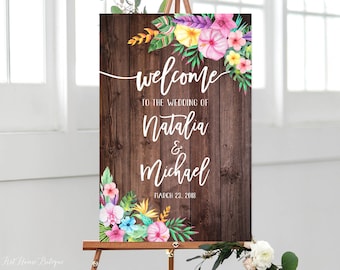 Signo de boda de bienvenida tropical, signo de boda de bienvenida rústico, bienvenido a nuestro signo de boda, flores tropicales, signo de bienvenida de Hawái, #W266