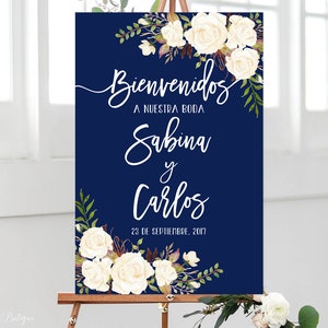 Bienvenidos a Nuestra Boda, Welcome Wedding Sign, Navy Welcome Wedding Sign, White Roses, Spanish Sign, W342