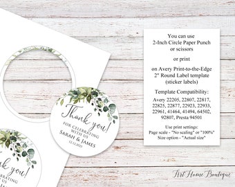 Greenery Favor Tags, Botanical Thank You Tags, Greenery Wedding Thank You  Tags, 2 inch Round Label Template, W1124-1