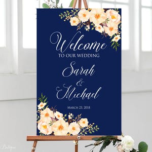 Welcome Wedding Sign, Welcome To Our Wedding Sign, Navy Peach Welcome Wedding Sign, Floral Welcome Wedding Sign, Digital file, W221