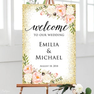 Welcome Wedding Sign, Welcome To Our Wedding Sign, Blush and Gold Wedding Sign, Digital file, W290