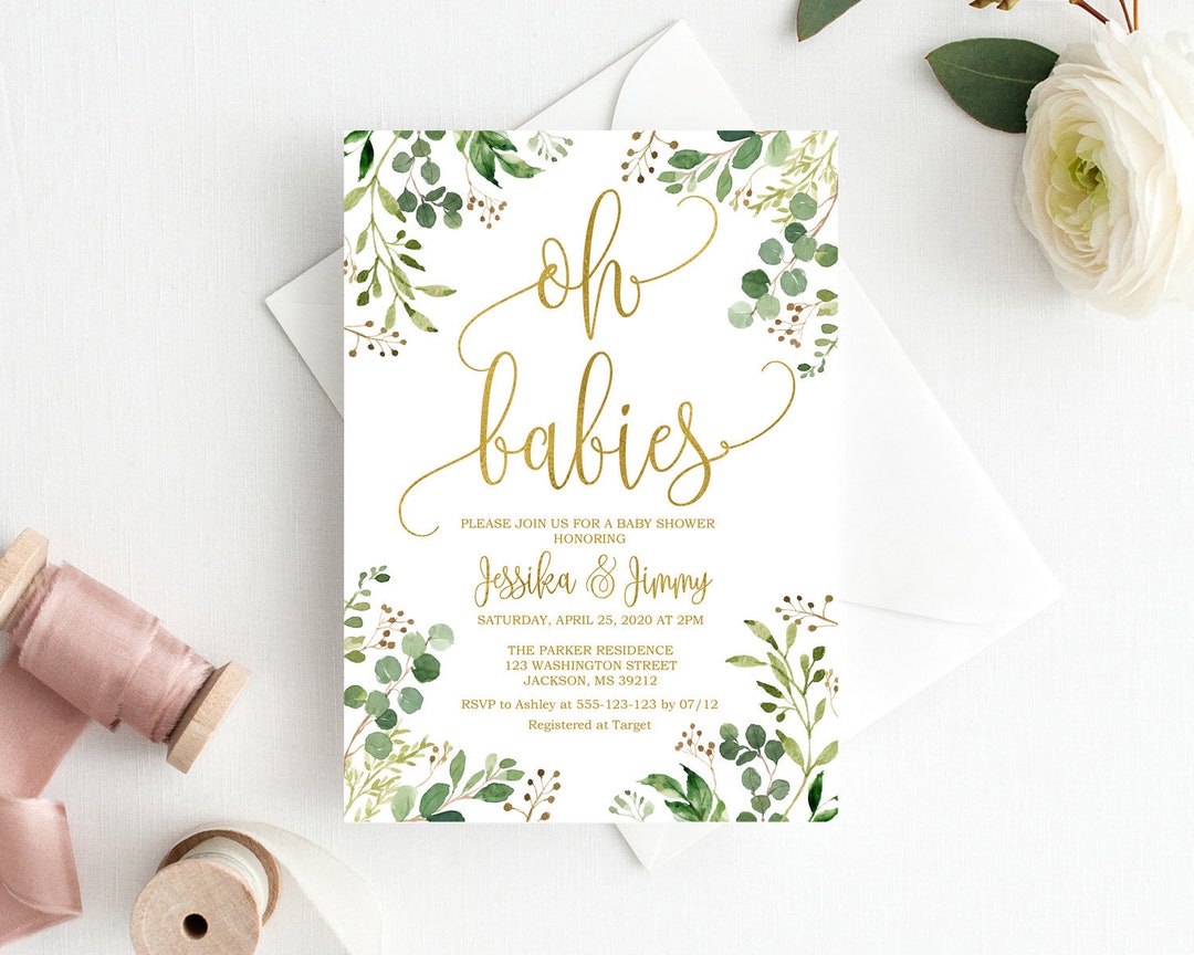 Greenery Baby Shower Invitation Oh Babies Invitation Gold Etsy