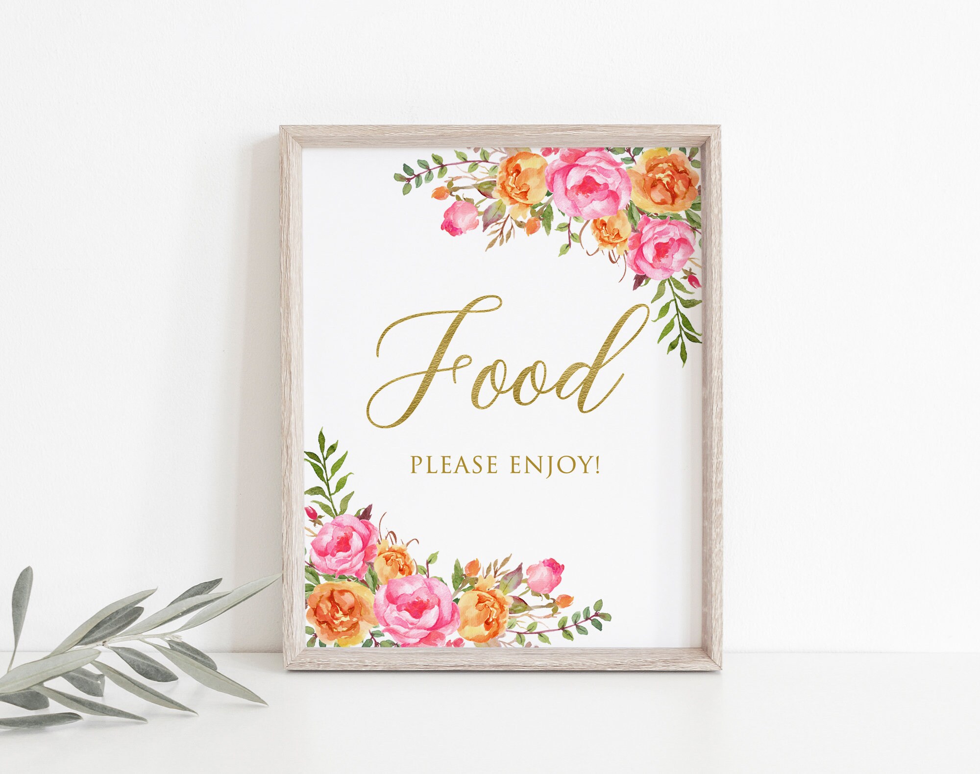 Table Food Sign Color Hot Pink Orange Food Sign, Floral Wedding Table Sign, Orange and Pink ...