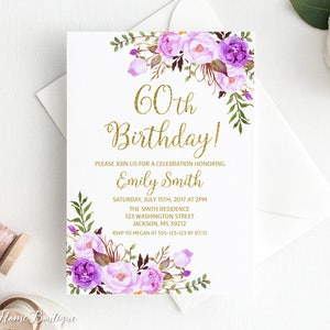 60th Birthday Invitation, Any Age Women Birthday Invitation, Purple Birthday Invitation, #BW260