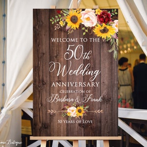 50th Anniversary Welcome Sign, 50th Anniversary Decoration, Rustic Anniversary Sign, Printable Welcome Sign, Sunflowers Welcome Sign, W749