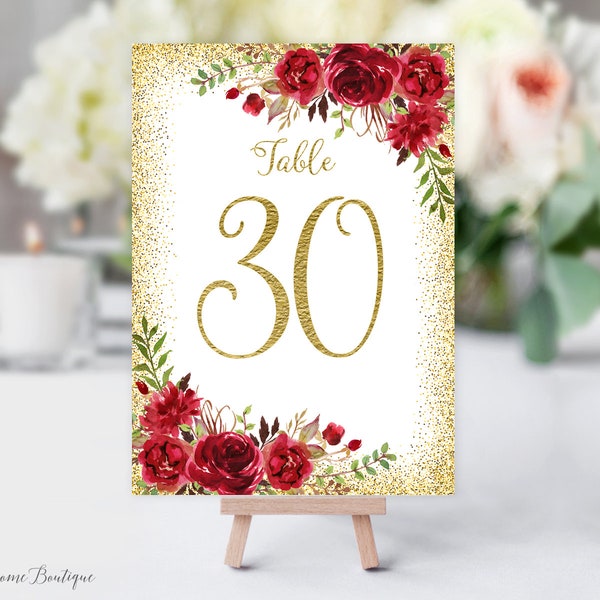 Wedding Table Numbers, Red and Gold Floral Table Numbers, Printable Table Numbers, Red Flowers, W768