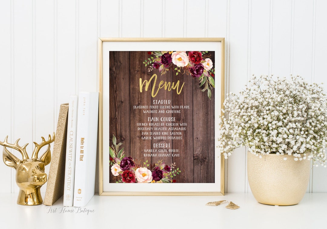 Rustic Wedding Menu Sign, Dinner Menu Sign, Burgundy Wedding Menu Sign ...