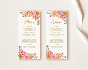 Hot Pink Orange Menu Cards, Birthday Menu Printable, Digital File, W58-1