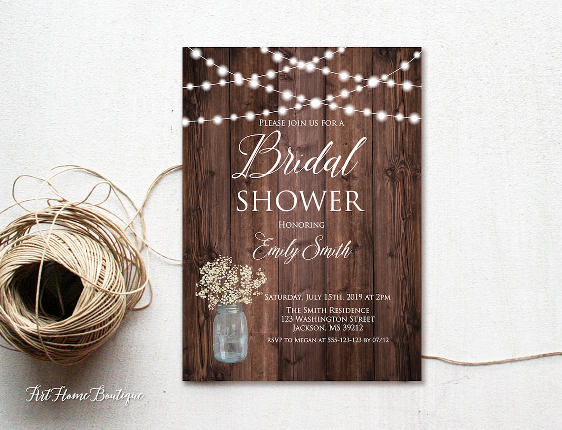 Rustic Bridal Shower Invitation Babys Breath String Lights image 1