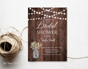 Rustic Bridal Shower Invitation, Baby’s Breath, String Lights, Mason Jar, W333