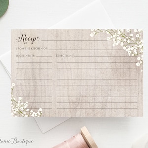Recipe Card, Recipe Card Printable, Rustic Bridal Shower Recipe CardTemplates, 4x6 Recipe Card, Digital File, Baby’s Breath, W415