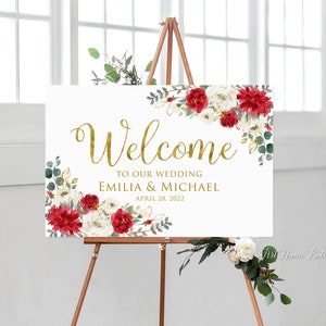 Red Gold Wedding Welcome Sign, Red Floral Welcome Sign, Landscape ...