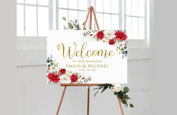 Red Gold Wedding Welcome Sign, Red Floral Welcome Sign
