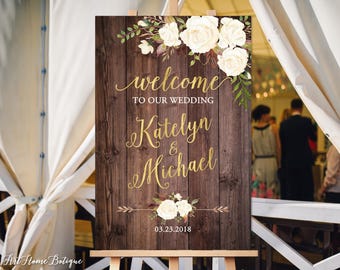 Welcome Wedding Sign, Rustic Welcome Wedding Sign, Welcome To Our Wedding Sign,  Gold White Flowers, Printable Sign, Digital File W179