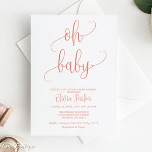 Coral Baby Shower Invitation, Oh Baby Invitation, Baby Shower Invite, Calligraphy Invitation, BS01-Coral