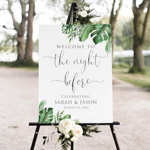 Może przedstawiać: Witamy w noc przed znakiem z tropikalnymi liśćmi i tekstem "Celebrating Sarah & Jason 26 sierpnia 2023".