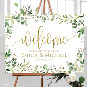 Garden Wedding Welcome Sign, Greenery Wedding Welcome Sign, Gold Eucalyptus Welcome Sign, Digital File, Landscape, Digital file, W33
